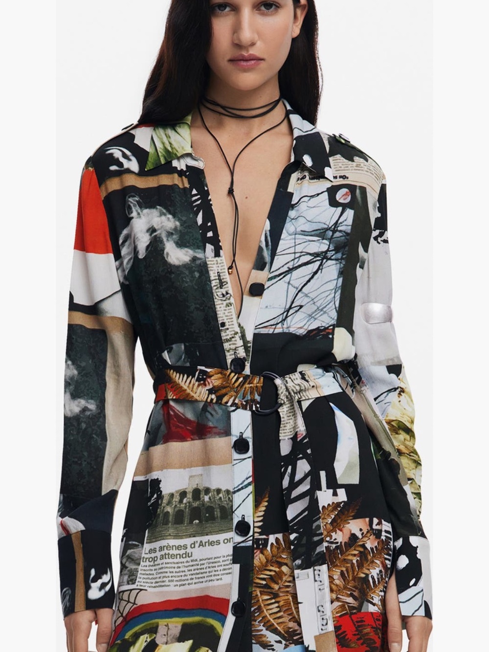 DESIGUAL Abstract Multi-Print Button-Front Shirt Dress in Black, White, Red